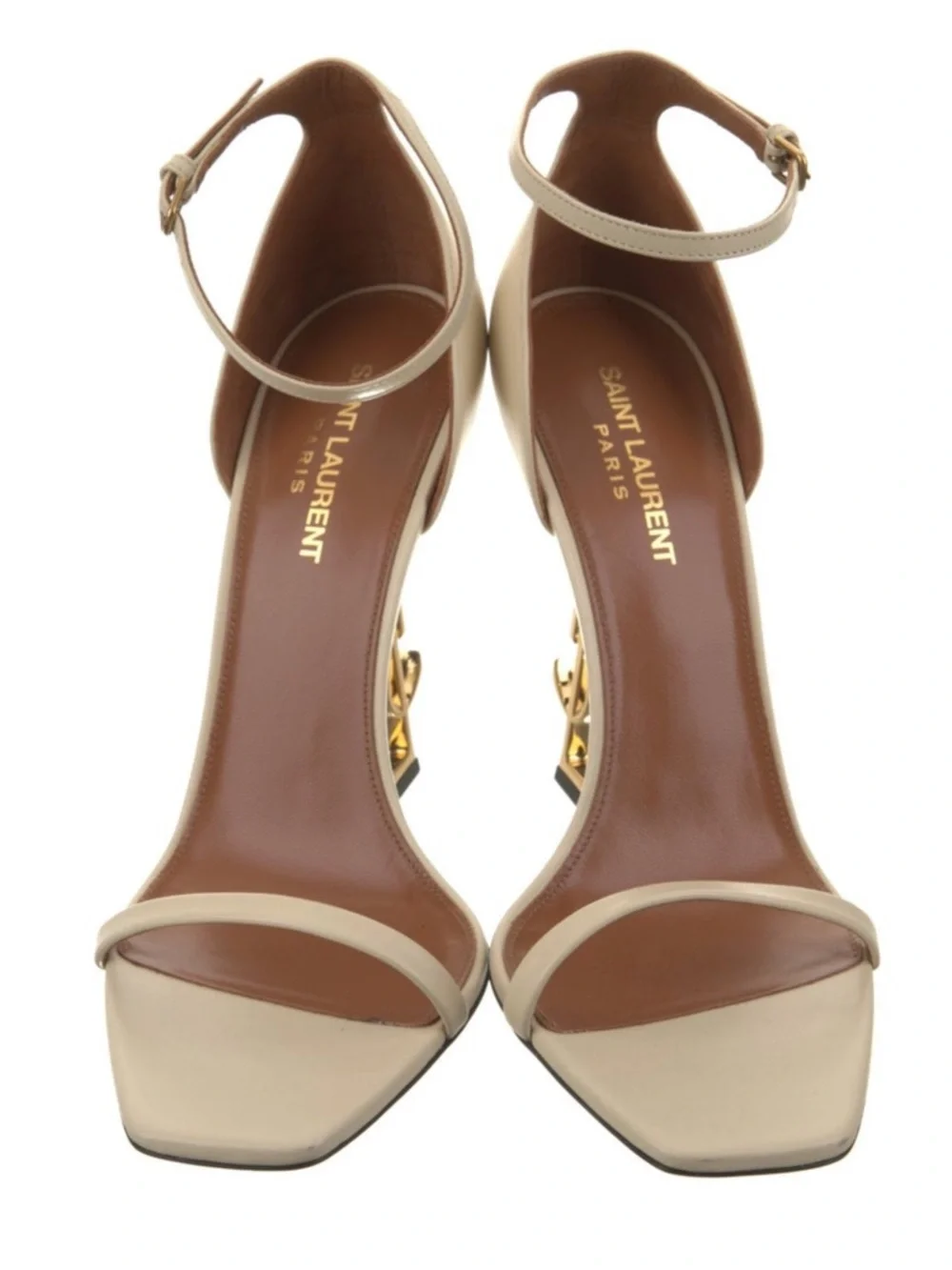 Saint Laurent Cream Ankle-Strap Sandal with Gold YSL Logo Heel - Picture 2 of 3